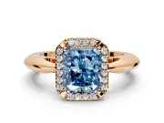 Halo Engagement Ring Setting for Fancy Blue Radiant Cut Center with Tapered Plain Band and Prong Head in Rose Gold