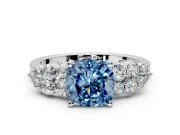 Cluster Engagement Ring Setting for Fancy Blue Cushion Cut Center with 2-Row Shoulder Clusters and Prong Head in Platinum