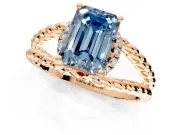 Halo Engagement Ring Setting for Fancy Blue Emerald Cut Center with Rope Twist Split Shank and Prong Head in Rose Gold