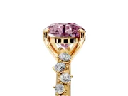 Solitaire Engagement Ring Setting for Fancy Pink Round Cut Center with Trailing Leaf Accent Band and Prong Head in Yellow Gold