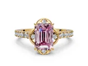 Floral Engagement Ring Setting for Fancy Pink Emerald Cut Center with Pave Band and Floral Prong Head in Yellow Gold