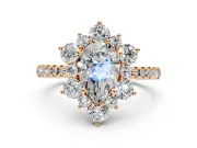 Floral Halo Engagement Ring Setting for Pear-Shaped Center with Pave Accents and Prong Head in Rose Gold