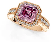 Milgrain Halo Engagement Ring Setting for Fancy Pink Asscher Cut Center with Pave Band and Prong Head in Rose Gold