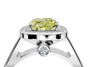 Halo Engagement Ring Setting for Fancy Yellow Cushion Cut Center with Outer Bezel Rim, Pave Band and Prong Head in White Gold