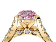 Solitaire Engagement Ring Setting for Fancy Pink Cushion Cut Center with Pave Cathedral Shoulders and Prong Head in Yellow Gold