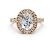 Halo Engagement Ring Setting for Oval Center with Milgrain Pave Band and Bezel Head in Rose Gold
