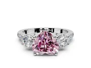 3 Stone Engagement Ring Setting for Fancy Pink Heart-Shaped Center with Crossover Basket, Pave Band and Prong Head in Sterling Silver