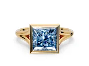 Solitaire Engagement Ring Setting for Fancy Blue Princess Cut Center with V Split Shank and Bezel Head in Yellow Gold