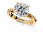 Solitaire Engagement Ring Setting for Round Cut Center with XO Engraved Band and Prong Head in Yellow Gold
