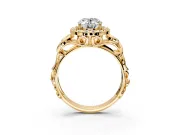 Halo Engagement Ring Setting for Oval Center with Open Scroll Shoulders and Prong Head in Yellow Gold