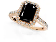 Halo Engagement Ring Setting for Fancy Black Emerald Cut Center with Pave Accents, Heart Basket and Prong Head in Rose Gold