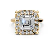 Single Halo Engagement Ring Setting for Asscher Cut Center with Corner Claws, Plain Band and Prong Head in Yellow Gold