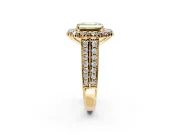 Large Accent Halo Engagement Ring Setting for Fancy Yellow Emerald Cut Center with Pave Split Shank and Prong Head in Yellow Gold
