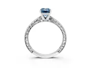 Solitaire Engagement Ring Setting for Fancy Blue Emerald Cut Center with Engraved Milgrain Band and Prong Head in White Gold