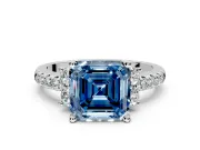 Paired Accent Engagement Ring Setting for Fancy Blue Asscher Cut Center with Pave Band and Prong Head in Sterling Silver