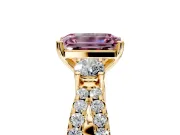 3 Stone Engagement Ring Setting for Fancy Pink Emerald Cut Center with Pave Split Shank and Prong Head in Yellow Gold