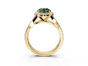Halo Engagement Ring Setting for Fancy Green Round Cut Center with Narrow Pave Split Shank and Prong Head in Yellow Gold