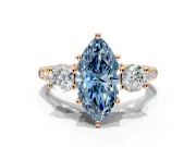 3 Stone Engagement Ring Setting for Fancy Blue Marquise Center with Crossover Basket, Pave Band and Prong Head in Rose Gold