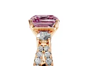 3 Stone Engagement Ring Setting for Fancy Pink Asscher Cut Center with Pave Split Shank and Prong Head in Rose Gold