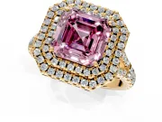 Double Halo Engagement Ring Setting for Fancy Pink Asscher Cut Center with Narrow Pave Split Shank and Prong Head in Yellow Gold