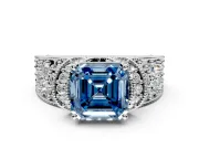 Pave Engagement Ring Setting for Fancy Blue Asscher Cut Center with Curved Accent Rows, Openwork and Prong Head in Platinum