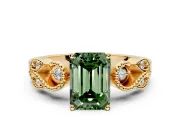 Leaf Engagement Ring Setting for Fancy Green Emerald Cut Center with Milgrain Accent Band and Prong Head in Yellow Gold