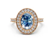 Halo Engagement Ring Setting for Fancy Blue Oval Center with Milgrain Frame, Pave Band and Prong Head in Rose Gold