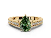 Solitaire Engagement Ring Setting for Fancy Green Pear-Shaped Center with Engraved Pave Band and Prong Head in Yellow Gold