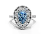 Halo Engagement Ring Setting for Fancy Blue Pear-Shaped Center with Milgrain Frame, Pave Band and Prong Head in Sterling Silver