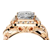 Halo Engagement Ring Setting for Princess Cut Center with Open Scroll Shoulders and Prong Head in Rose Gold