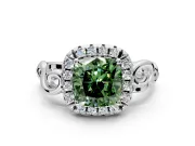 Halo Engagement Ring Setting for Fancy Green Cushion Cut Center with Open Scroll Shoulders and Prong Head in Sterling Silver