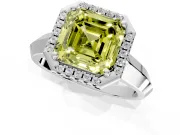 Halo Engagement Ring Setting for Fancy Yellow Asscher Cut Center with Knife Ridge Cathedral Band and Prong Head in Platinum