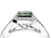 Halo Engagement Ring Setting for Fancy Green Radiant Cut Center with Pave Split Shank and Prong Head in Platinum