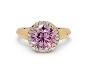 Halo Engagement Ring Setting for Fancy Pink Round Cut Center with Knife Ridge Cathedral Band and Prong Head in Yellow Gold