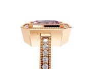 Halo Engagement Ring Setting for Fancy Pink Emerald Cut Center with Milgrain Halo, Pave Band and Prong Head in Rose Gold
