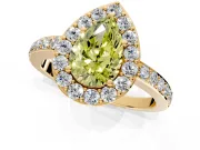 Halo Engagement Ring Setting for Fancy Yellow Pear-Shaped Center with Heart-Shaped Openwork, Pave Band and Prong Head in Yellow Gold