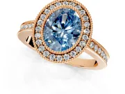 Halo Engagement Ring Setting for Fancy Blue Oval Center with Milgrain Halo, Pave Band and Prong Head in Rose Gold