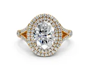Double Halo Engagement Ring Setting for Oval Center with Narrow Pave Split Shank and Prong Head in Yellow Gold