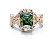 Halo Engagement Ring Setting for Fancy Green Radiant Cut Center with Pave Infinity Twist Band and Prong Head in Rose Gold
