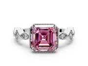 Milgrain Bezel Engagement Ring Setting for Fancy Pink Asscher Cut Center with Marquise Stations and Bezel Head in White Gold
