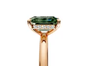 Hidden Halo Engagement Ring Setting for Fancy Green Emerald Cut Center with Thin Rounded Band and Prong Head in Rose Gold