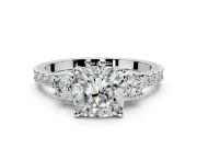 3 Stone Engagement Ring Setting for Cushion Cut Center with Round Cut Side Accents and Prong Head in Platinum