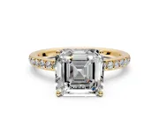 Solitaire Engagement Ring Setting for Asscher Cut Center with Fine Pave Band and Prong Head in Yellow Gold