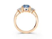 3 Stone Engagement Ring Setting for Fancy Blue Cushion Cut Center with Matching Side Accents and Prong Head in Rose Gold