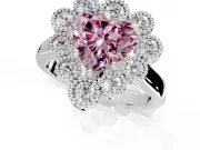 Cluster Halo Engagement Ring Setting for Fancy Pink Heart-Shaped Center with Milgrain Bezel Accents and Prong Head in Sterling Silver