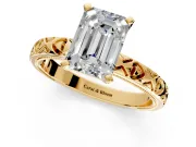 Solitaire Engagement Ring Setting for Emerald Cut Center with XO Engraved Band and Prong Head in Yellow Gold