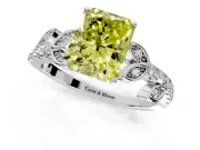 Leaf Motif Engagement Ring Setting for Fancy Yellow Radiant Cut Center with Pave Band and Prong Head in White Gold