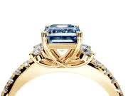 Paired Accent Engagement Ring Setting for Fancy Blue Emerald Cut Center with Pave Band and Prong Head in Yellow Gold