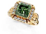 Halo Engagement Ring Setting for Fancy Green Princess Cut Center with Open Scroll Shoulders and Prong Head in Yellow Gold