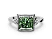 Cluster Engagement Ring Setting for Fancy Green Princess Cut Center with Milgrain Shoulder Clusters and Prong Head in Platinum
